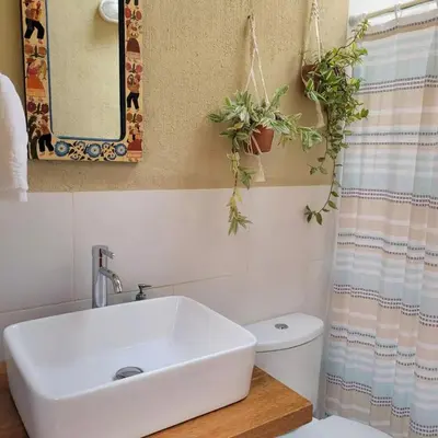 a bathroom with a sink and a toilet with plants at Charming Urubamba Cusco house - Kapuliyuq in Urubamba