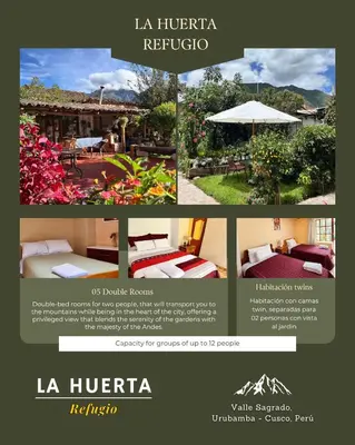 a collage of four pictures of a hotel room at La Huerta Refugio in Urubamba
