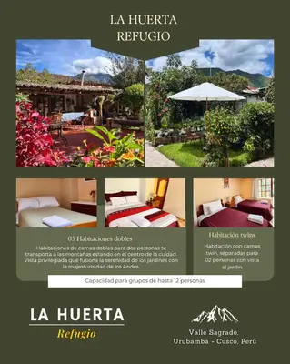 a collage of four pictures of a hotel with a website at La Huerta Refugio in Urubamba