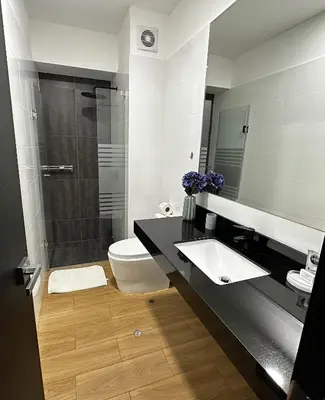 a bathroom with a shower and a toilet and a sink at 1 Bedroom Apartment San Isidro Business Zone in Lima