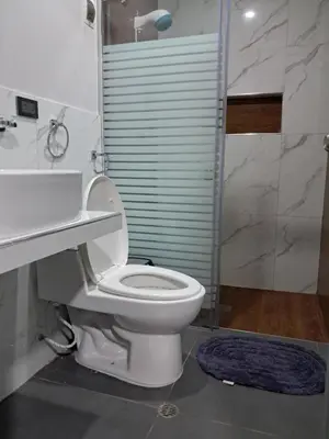 a bathroom with a white toilet and a shower at Alojamiento Flower House in San Antonio