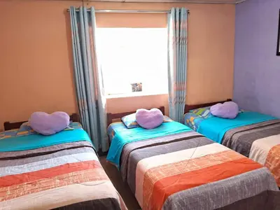 a room with three beds with purple pillows on them at Hospedaje Don Pepe in Churín