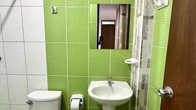 a green bathroom with a sink and a toilet at Habitación tranquila a 15 min de Plaza Norte in Lima