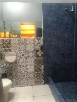 a bathroom with a shower with a toilet and a sink at Miraflores Penthouse in Lima