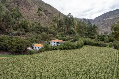 a house in a field with mountains in the background at Cottage in nature in Sacred Valley with mountain views in Huayllabamba