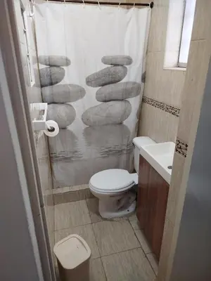 a bathroom with a shower curtain with a toilet and a sink at Miraflores apartment near Larcomar in Lima