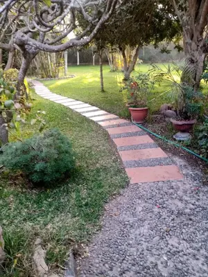 a path in a garden with trees and plants at Rustic House, Pool, Grill, Game Area, Campfire Area in Cieneguilla