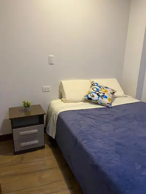 a bed in a room with a nightstand and a bed sidx sidx at Casa Olivo in Lima
