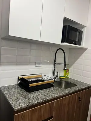 a kitchen counter with a tray on top of a sink at Miraflores premiere apartment in Lima