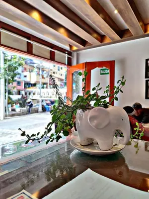a table with a pot with a plant in it at Hoteles Romero in Machu Picchu