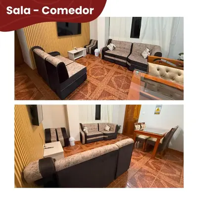 two pictures of a living room with couches and a table at Departamentos Sumaq Plaza - Mariscal Cáceres in Ayacucho