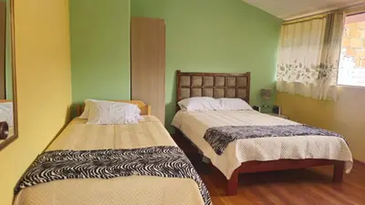 two beds in a room with green walls at Cozy Mini-Apartment-Cusco in Cusco