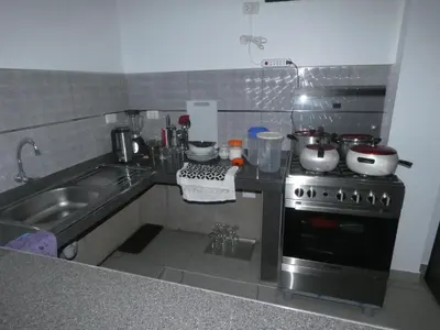 a small kitchen with a stove and a sink at Hotel El Delfin in Lima