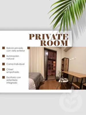 a poster of a bedroom with a bed and a table at LOFTE Portofino, Departamento cerca de San Isidro in Lima