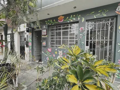 a house with flowers painted on the side of it at Llama Llama - Hostel & Coworking in Lima