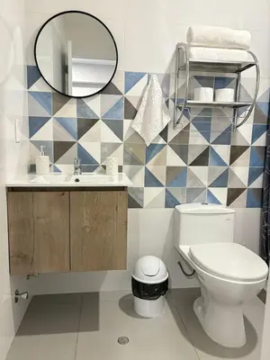 a bathroom with a toilet and a mirror at Acogedor Loft con ubicación céntrica en Lima in San Antonio