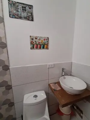 a bathroom with a white toilet and a sink at BellaVista 2 habitaciones con balcón in Oxapampa