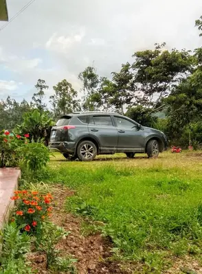 a gray car parked in a field with flowers at La casa de Cuni in Oxapampa