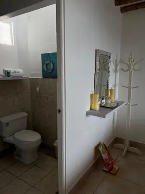 a bathroom with a toilet and a mirror on the wall at Condominio Maradentro - Casas de playa en exclusivo balneareo de chepeconde in Los Leones