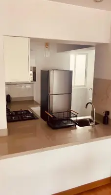 a kitchen with a stainless steel refrigerator and a sink at Luxloft in Lima