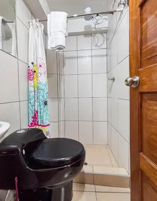 a bathroom with a black toilet and a shower at Los Chullos in Cusco