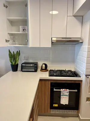 a kitchen with white cabinets and a stove top oven at Calm and Cozy Flat in San Borja in Lima