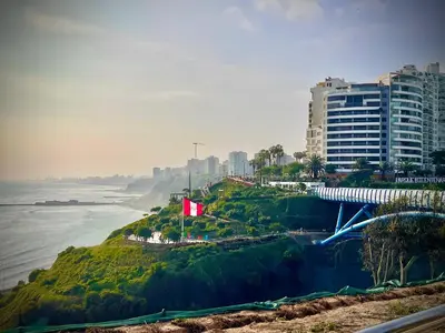 a view of a city and the ocean with buildings at Close to the beach, Big beds, Malecon Miraflores in Lima