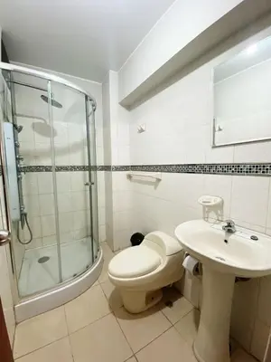 a bathroom with a shower and a toilet and a sink at Apartment in downtown Huancayo in Huancayo