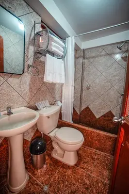 a bathroom with a toilet and a sink and a shower at Casa Andora in Machu Picchu