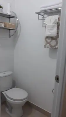 a bathroom with a toilet and some towels at Modern apartment with great view in Lima in Lima