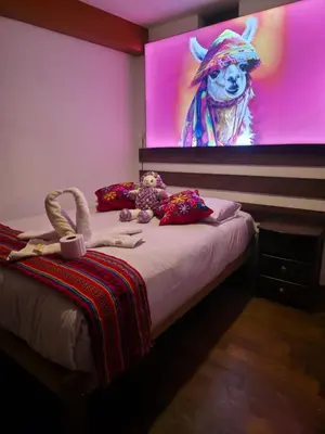 a bedroom with a bed with a tv with a dog on it at Mirador All Sur Cusco in Cusco
