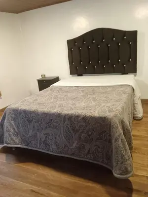 a bedroom with a large bed with a black headboard at Redy's House in Cusco