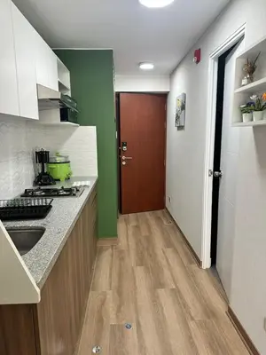 a kitchen with a sink and a door to a hallway at Bertolotto, divino minidepa smartv wifi y amoblado in Lima