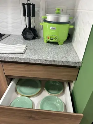 a kitchen counter with plates in a drawer at Bertolotto, divino minidepa smartv wifi y amoblado in Lima