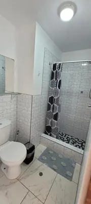 a bathroom with a toilet and a shower at Bravos Hospedaje Punta Negra in Punta Negra