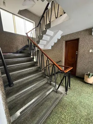 a staircase in an old building with a wooden door at Miraflores, baño privado, ingreso independiente in Lima