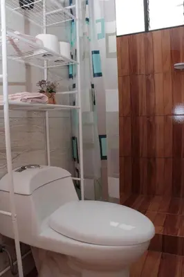 a bathroom with a white toilet and a shower at Valle Sagrado Mágico in Urubamba