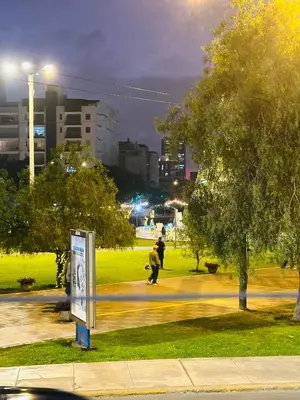 a person is walking down a city street at night at Apartamento San Borja in Lima
