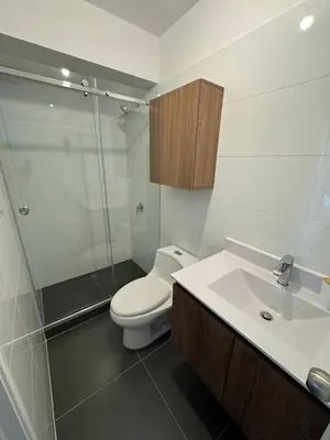 a bathroom with a toilet and a sink and a shower at Cozy Room in Miraflores with rooftop pool in Lima