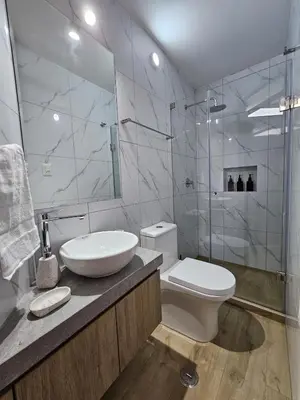 a bathroom with a toilet and a sink and a shower at Apartamento renovado en Miraflores in Lima