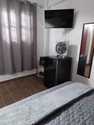 a bedroom with a bed and a fan and a window at Suspiros de arica in Arica