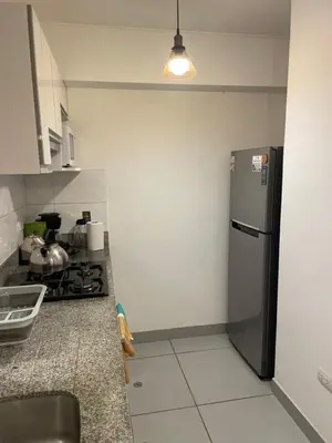 a kitchen with a stainless steel refrigerator and a stove at Lirios 2006 in Lima