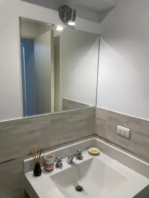 a bathroom with a sink and a large mirror at Lirios 2006 in Lima
