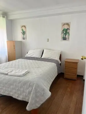 a bedroom with a bed with two plants on the wall at Apartamento Salkantay con vista al Cusco in Cusco