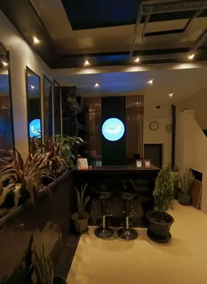 a room with plants and a stage with a screen at Dream Up in Cusco