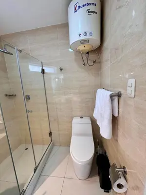 a bathroom with a toilet and a shower stall at Alojamiento moderno San Isidro Pet Friendly in Lima