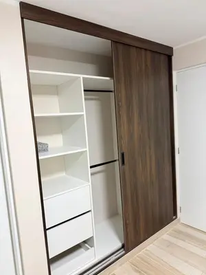 a closet with white cabinets and a wooden door at Minidepartamento en Miraflores in Lima