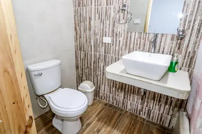 a bathroom with a toilet and a sink at CERRO AZUL Alojamiento DUPLEX in Cerro Azul