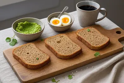 three slices of bread on a cutting board with eggs and a cup of coffee at Habitación privada en departamento compartido in Lima