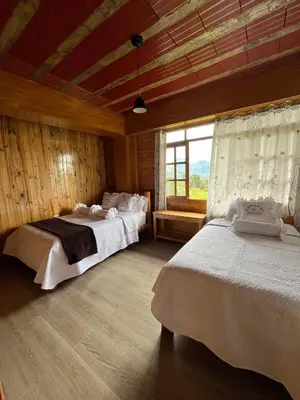 a bedroom with two beds and a large window at Hassinger Haus in Oxapampa